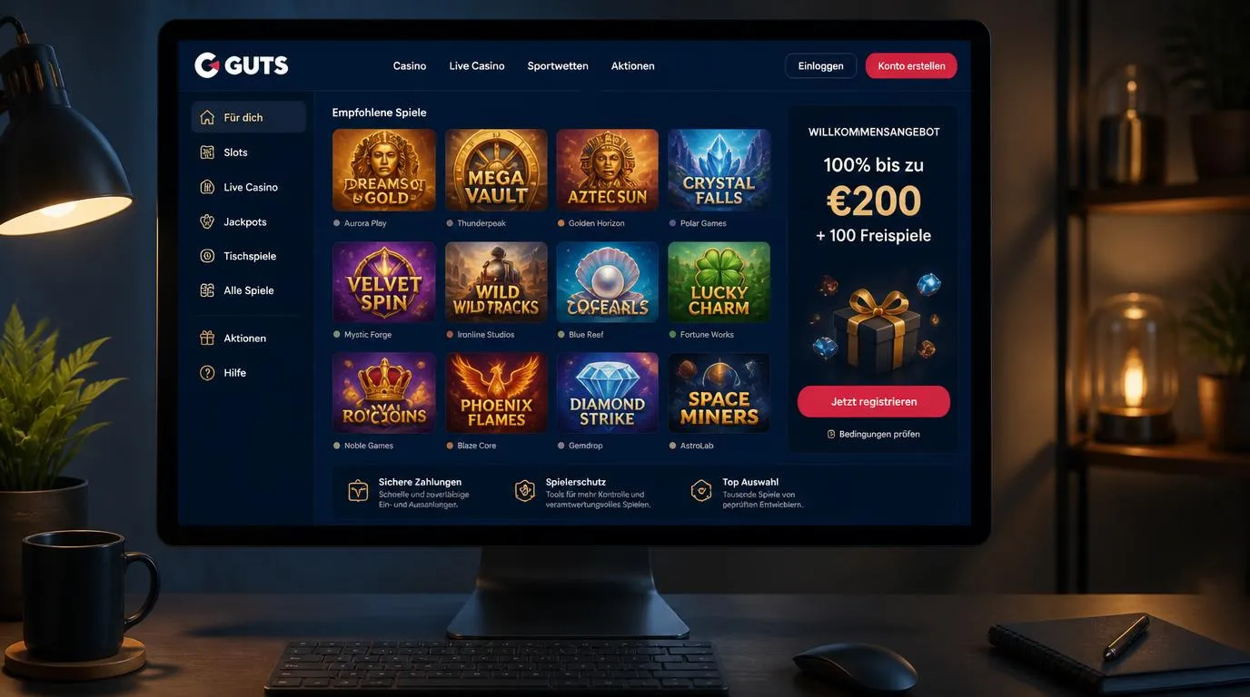 Illustrative Casino-Oberfläche mit Spielkacheln verschiedener Anbieter und einem Willkommensangebot