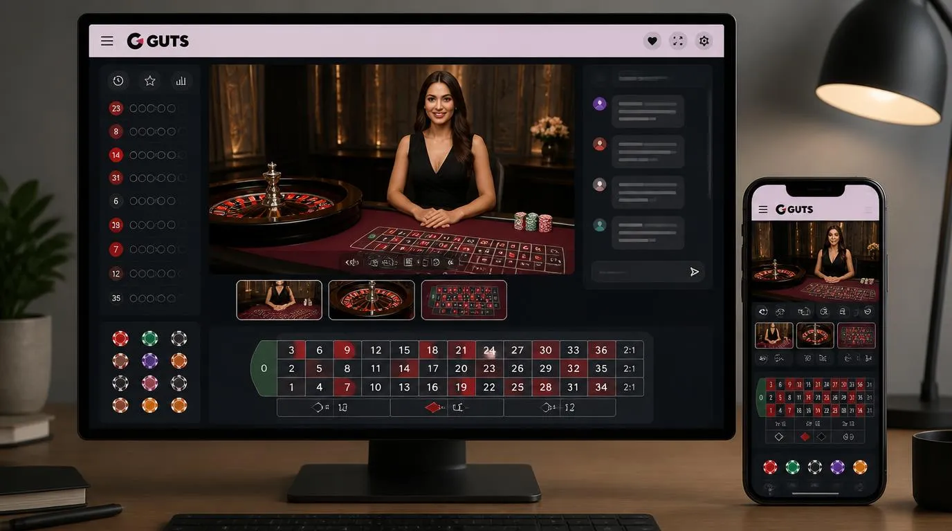Live-Casino-Oberfläche mit Spielleiter, Einsatzfeldern, Chat, Wettverlauf und auswählbaren Kameraansichten