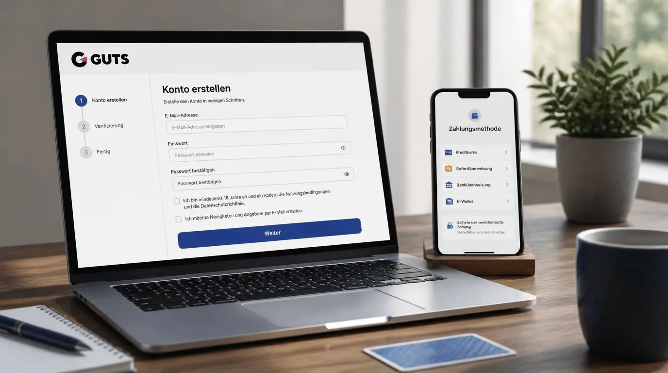 Laptop mit Registrierungsformular und Smartphone mit Auswahl für die erste Einzahlung
