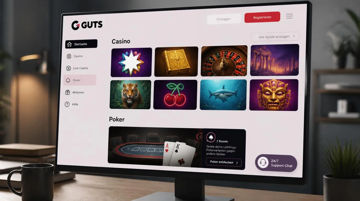 Casino-Oberfläche mit Spielauswahl, Pokerbereich und Symbol für einen rund um die Uhr verfügbaren Live-Chat