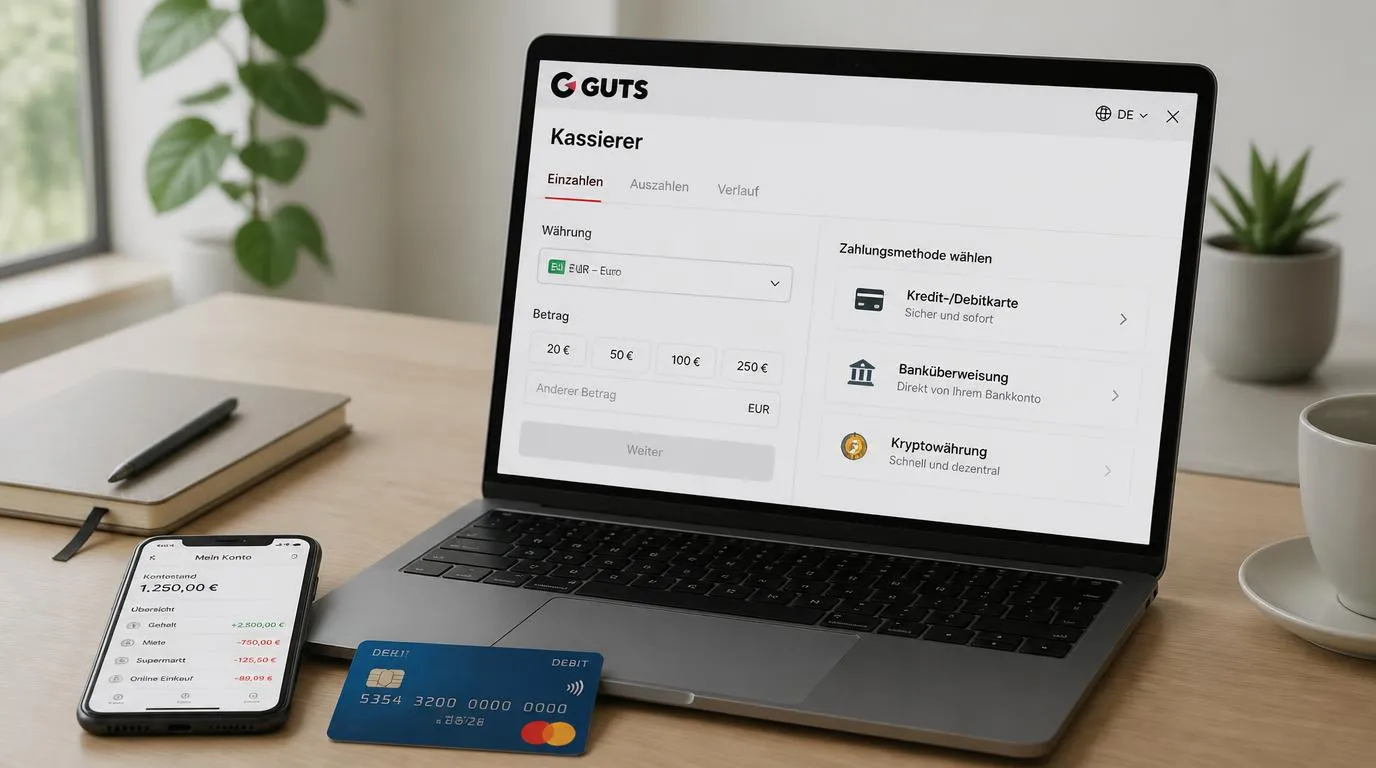 Casino-Kasse auf einem Laptop mit Euro-Kontowährung, Kartenzahlung und Banküberweisung